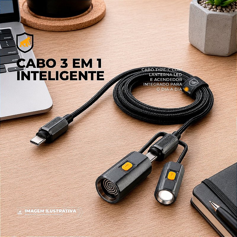 Cabo Multifuncional 3 em 1 Tipo C/ Tipo C 1.2 metros Carregamento até 240W com Lanterna LED e Acendedor Elétrico - Hydra - Gshield - foto 2