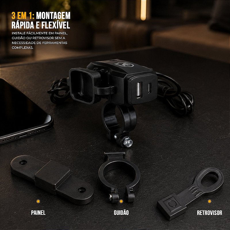 Carregador de Celular Universal para Moto USB-A + USB-C, Carregamento Rápido 15W e Fixação 3 em 1 - Preto - Gshield - foto 2