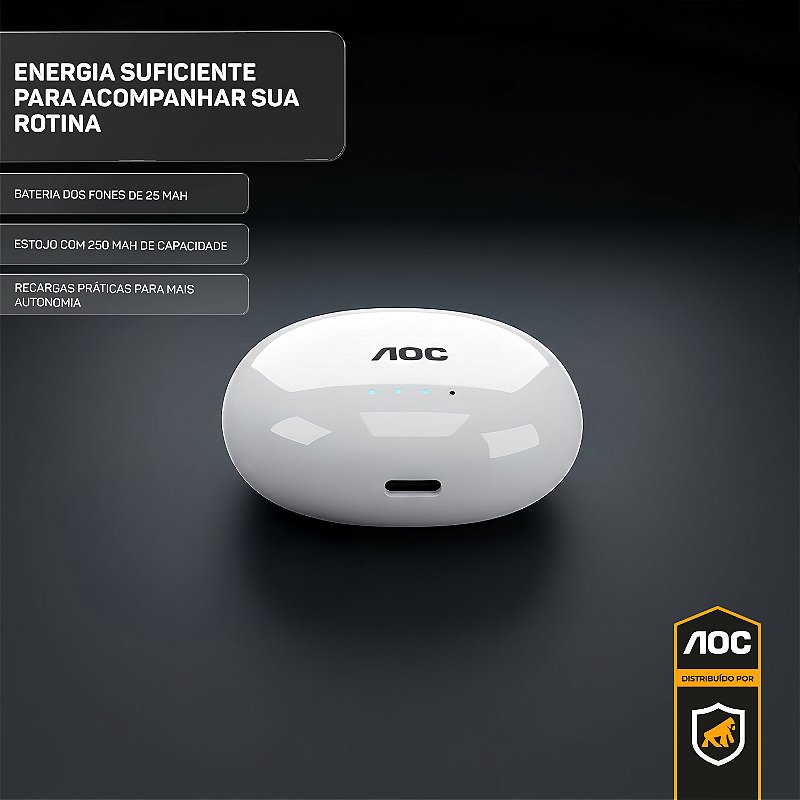 Fone de Ouvido Bluetooth 6.0 Branco Sem Fio - Baixa Latência, Estojo com Bateria e Controle Touch - AOC - foto 3
