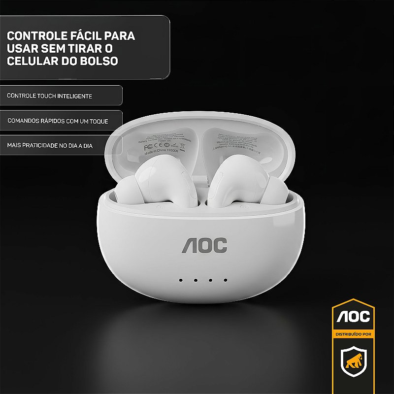 Fone de Ouvido Bluetooth 6.0 Branco Sem Fio - Baixa Latência, Estojo com Bateria e Controle Touch - AOC - foto 4