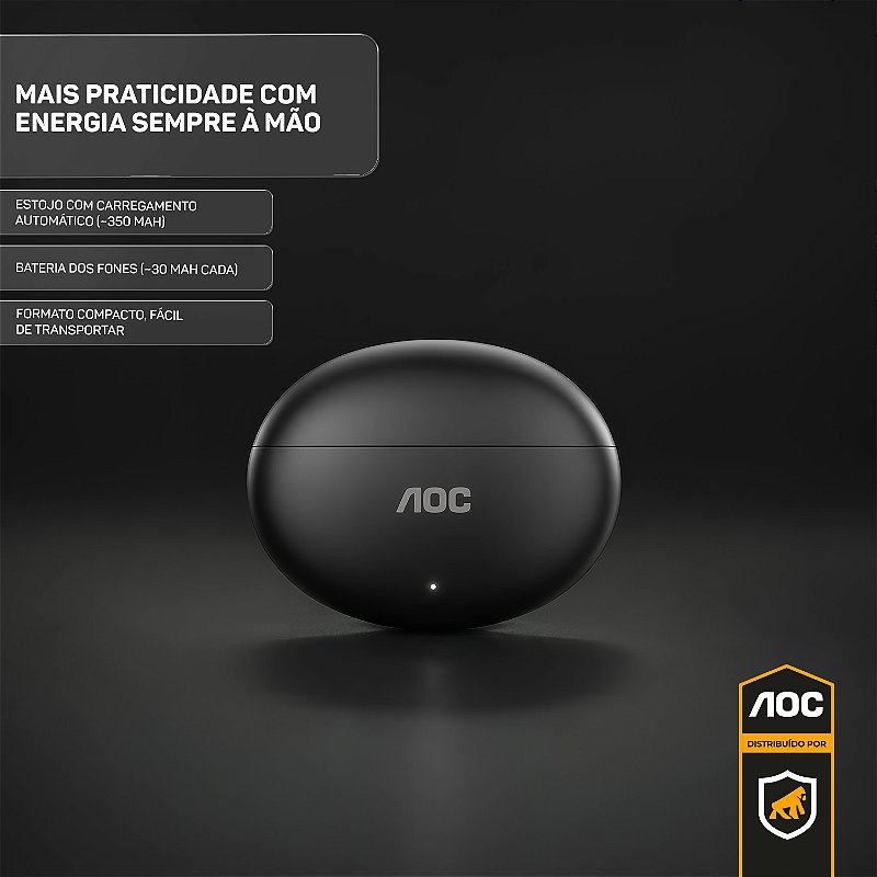 Fone de Ouvido Bluetooth 6.0 Earbuds TWS Sem Fio com Estojo Carregador, Microfone e Controle Touch - Preto - AOC - foto 2