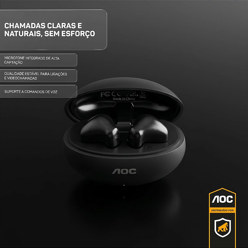 Fone de Ouvido Bluetooth 6.0 Earbuds TWS Sem Fio com Estojo Carregador, Microfone e Controle Touch - Preto - AOC - foto 3