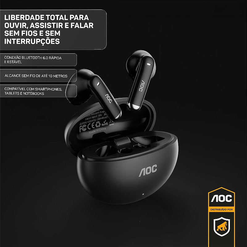 Fone de Ouvido Bluetooth 6.0 Earbuds TWS Sem Fio com Estojo Carregador, Microfone e Controle Touch - Preto - AOC - foto 4
