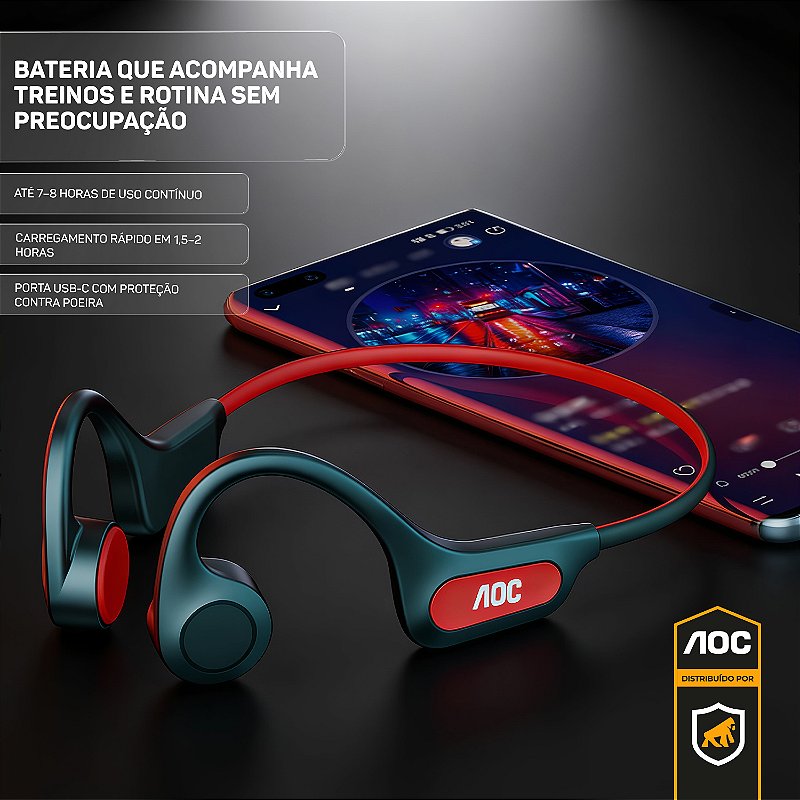 Fone de Ouvido Bluetooth 5.4 Condução Óssea IP56 Esportivo Sem Fio Baixa Latência Open-Ear - AOC - foto 2