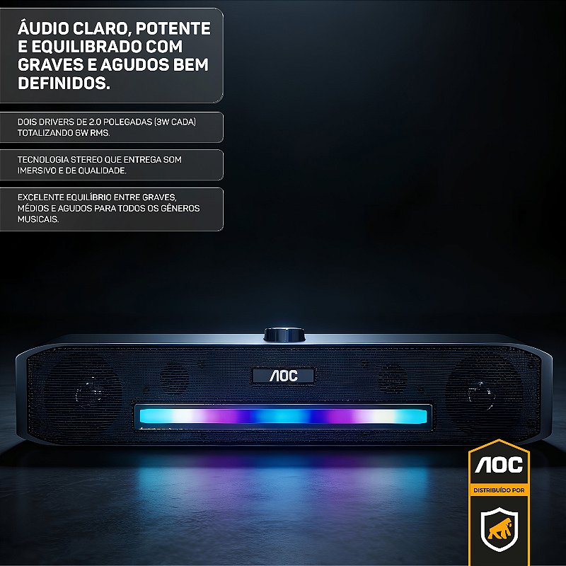 Caixa de Som Soundbar Bluetooth 5.3 - Estéreo 6W RGB com AUX e TWS - AOC - foto 4