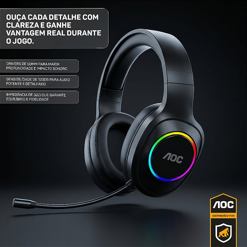 Headset Gamer Sem Fio 2.4G + Bluetooth - RGB, Microfone, Baixa Latência – Preto - AOC - foto 2