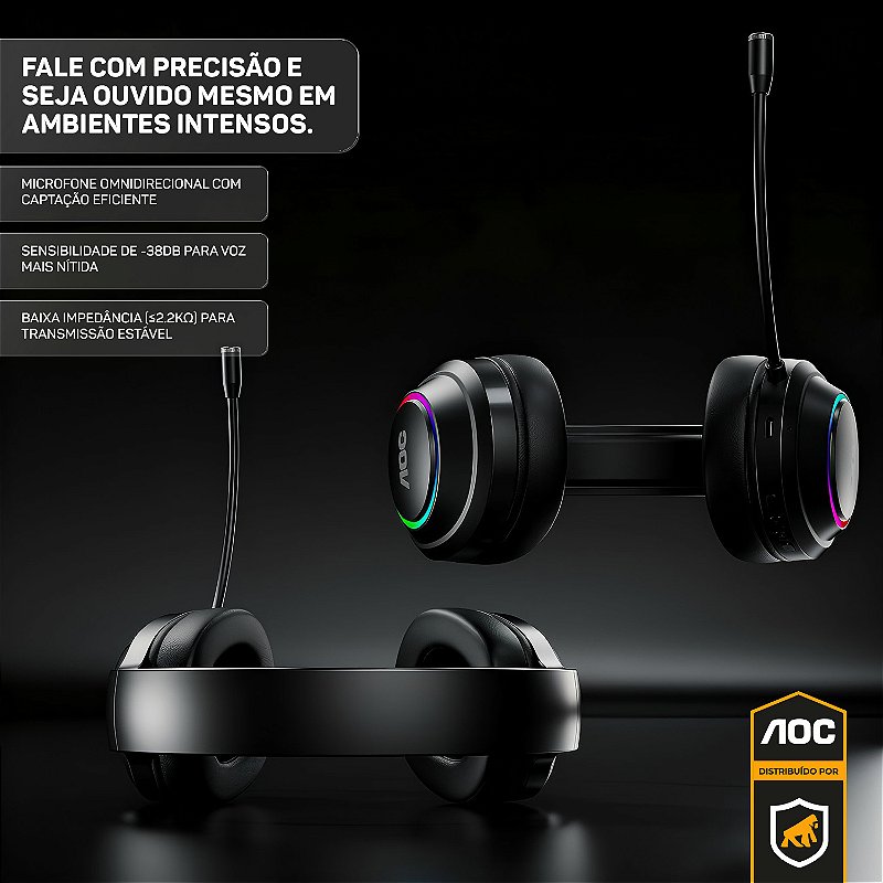 Headset Gamer Sem Fio 2.4G + Bluetooth - RGB, Microfone, Baixa Latência – Preto - AOC - foto 4