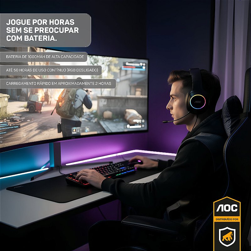 Headset Gamer Sem Fio 2.4G + Bluetooth - RGB, Microfone, Baixa Latência – Preto - AOC - foto 5