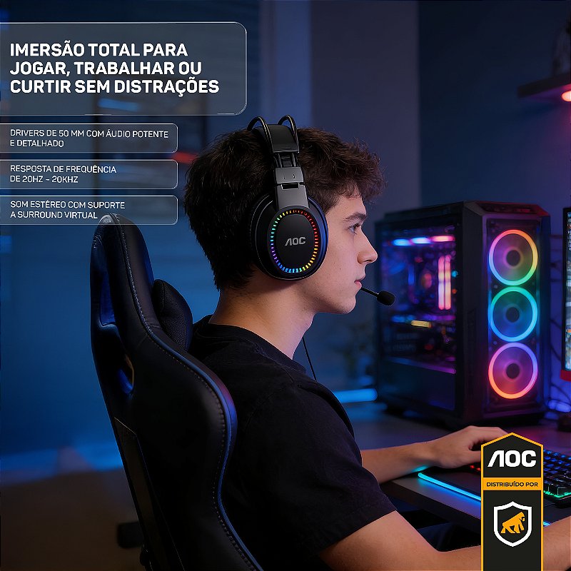 Headset Gamer USB 2.0 com Microfone, RGB, Som Imersivo e Conforto Premium – Preto - AOC - foto 5