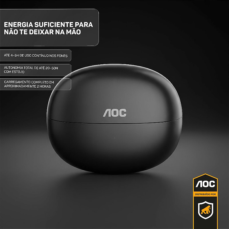 Fone Bluetooth Sem Fio TWS com Gancho de Orelha, Grave Potente, Microfone HD, Estojo Carregador, Baixa Latência - Preto - AOC - foto 5