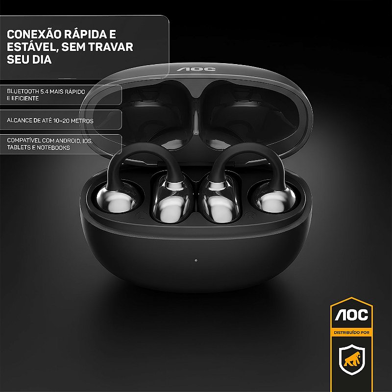 Fone Bluetooth Sem Fio TWS com Gancho de Orelha, Grave Potente, Microfone HD, Estojo Carregador, Baixa Latência - Preto - AOC - foto 4
