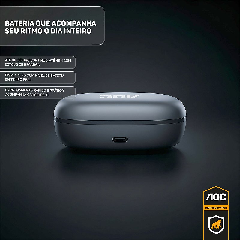 Fone Bluetooth 6.0 Sem Fio com Gancho Esportivo, IPX5, Baixa Latência, Bateria até 48h com Case, Som Hi-Fi e Microfone – Preto - AOC - foto 3