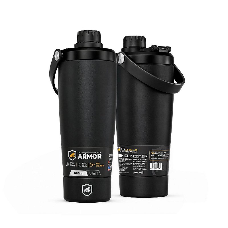 Coqueteleira Térmica Armor 600ml com Tela Antigrumos, Compartimento para Whey e Alça para Transporte - Preta - Gshield - foto 2