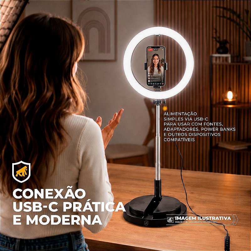 Ring Light LED Portátil com 3 tons de iluminação Tripé Ajustável 1,66m USB-C - Armor - Gshield - foto 6