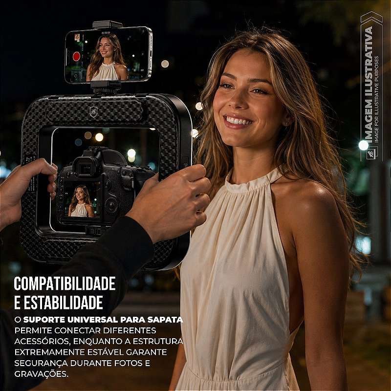 Ring Light LED Quadrada Portátil Multifuncional com 3 Suportes Universais para Sapata, 240 LEDs, Suporte Integrado para Celular e Cor Ajustável 2500k e 8500k - Victus - Gshield - foto 2