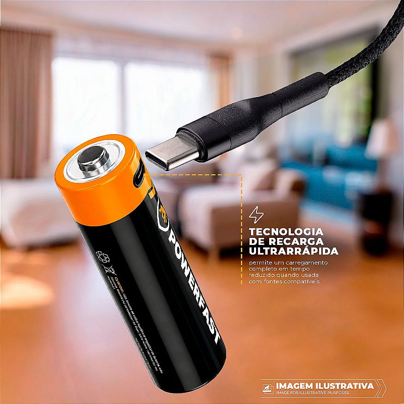 Pilha AA Cartela 2 Unidades Recarregável Ultrarrápida Turbo Powerfast com Entrada USB-C Integrada e Chip Inteligente - Gshield - foto 3