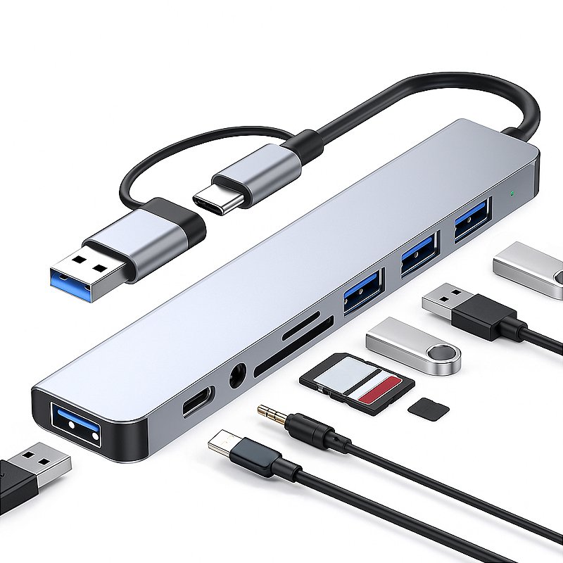 Adaptador 8 em 1 - Tipo C / P2 / USB-A 3.0 / TF / SD - Verde - foto 3