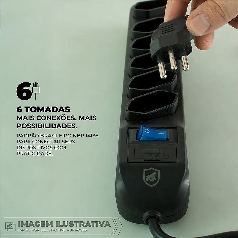 Filtro de Linha com 6 Tomadas Bivolt 110V/220V, Cabo Reforçado 1,5M, Padrão Brasileiro NBR 14136 e Proteção Contra Sobrecarga - Dual Shock - Gshield - foto 5