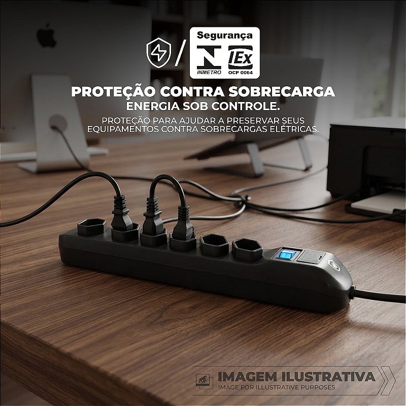 Filtro de Linha com 6 Tomadas Bivolt 110V/220V, Cabo Reforçado 1,5M, Padrão Brasileiro NBR 14136 e Proteção Contra Sobrecarga - Dual Shock - Gshield - foto 2