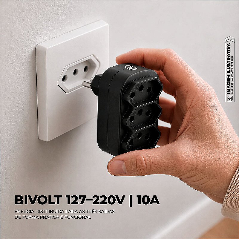 Adaptador com 3 Tomadas Bivolt 127/220V até 10A, Padrão Brasileiro NBR 14136 - Dual Shock - Gshield - foto 2