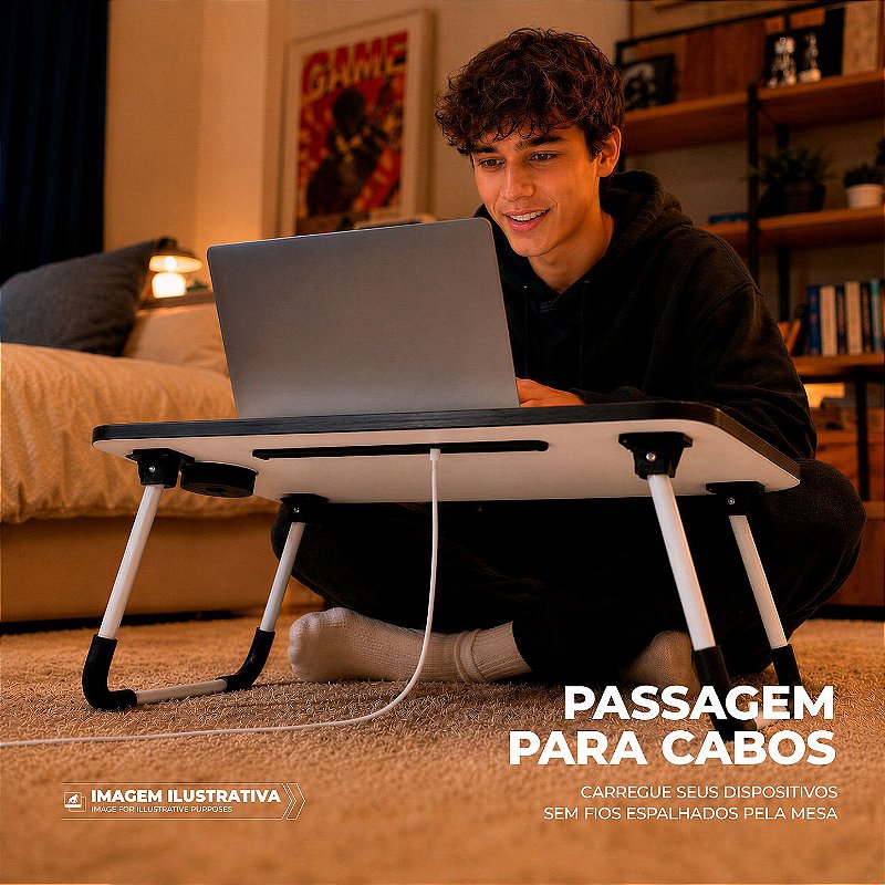 Mesa de Notebook Multiuso Armor Portátil Dobrável Preta para Cama e Sofá com Porta-Tablet e Porta-Copos - Gshield - foto 2