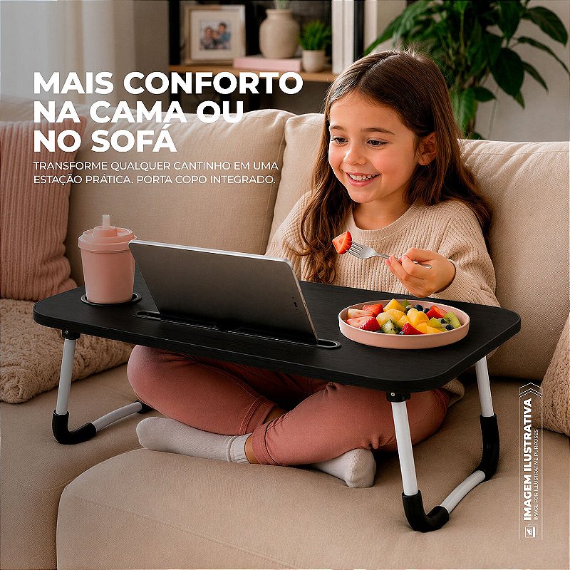 Mesa de Notebook Multiuso Armor Portátil Dobrável Preta para Cama e Sofá com Porta-Tablet e Porta-Copos - Gshield - foto 3