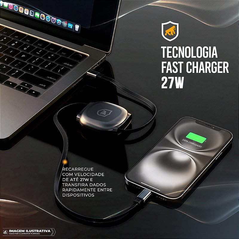Cabo Retrátil Tipo C / Lightning 27W Fast Charge 1M, Transferência 480Mb/s, Compatível com iPhone, iPad e Centrais Automotivas - Victus - Gshield - foto 4
