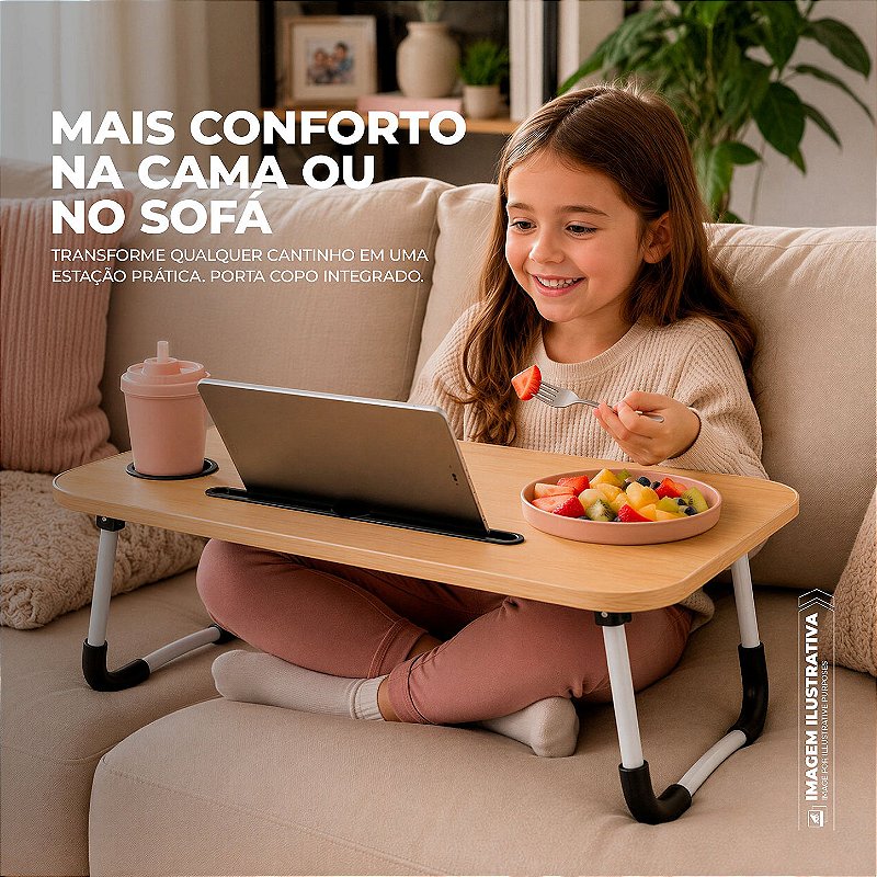 Mesa de Notebook Multiuso Armor Portátil Dobrável em Madeira para Cama e Sofá com Porta-Tablet e Porta-Copos - Gshield - foto 3