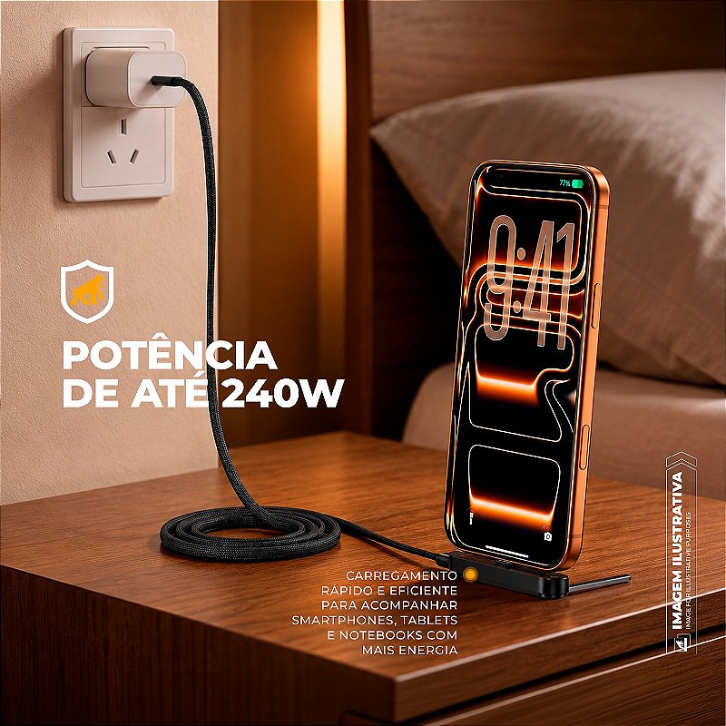 Cabo Trançado Preto 1M Tipo-C / Tipo-C 2 em 1 com Suporte de Metal Integrado, Conector Lateral e Carregamento até 240W - ArmorStand - Gshield - foto 2