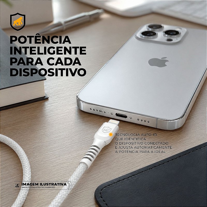 Cabo Dual Armor Tipo C/ Lightning 1M com Carregamento Rápido 27W Revestido em Nylon Balístico - Branco - Gshield