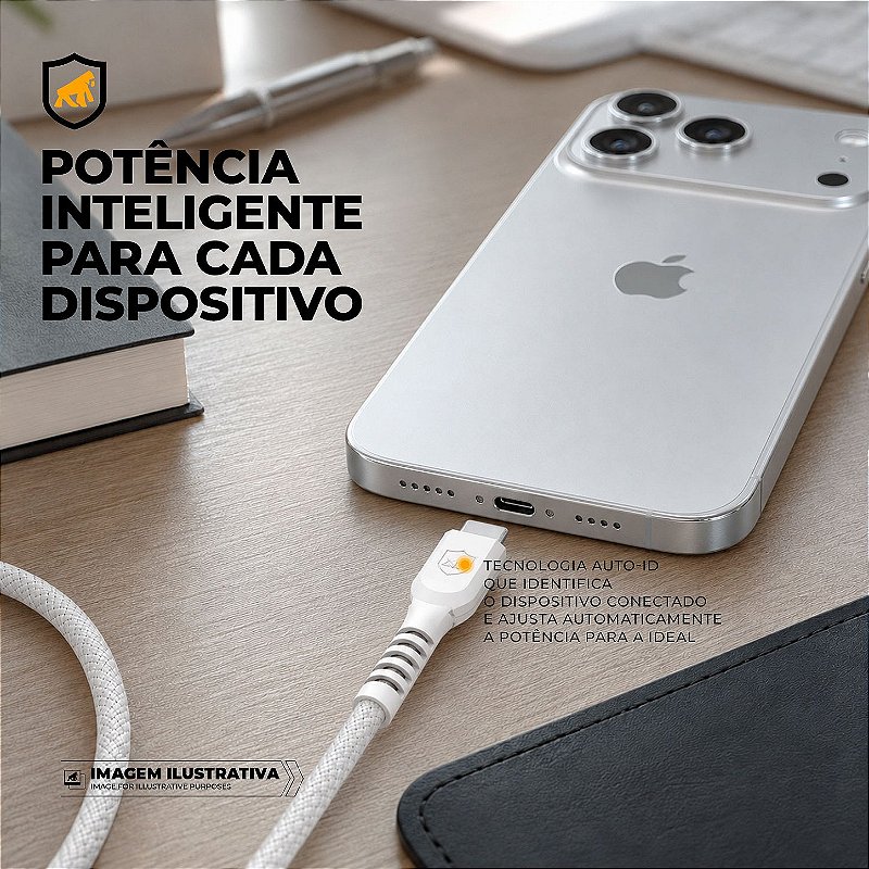 Cabo Dual Armor Tipo C/ USB-A 1M com Carregamento Rápido 18W Revestido em Nylon Balístico - Branco - Gshield