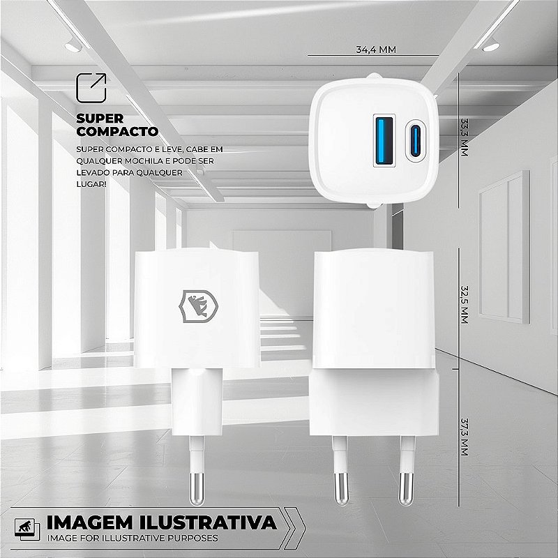 Kit Carregador de Parede Universal Tipo C / USB-A 20W + Cabo 1M Tipo C / USB-A 18W - Gshield