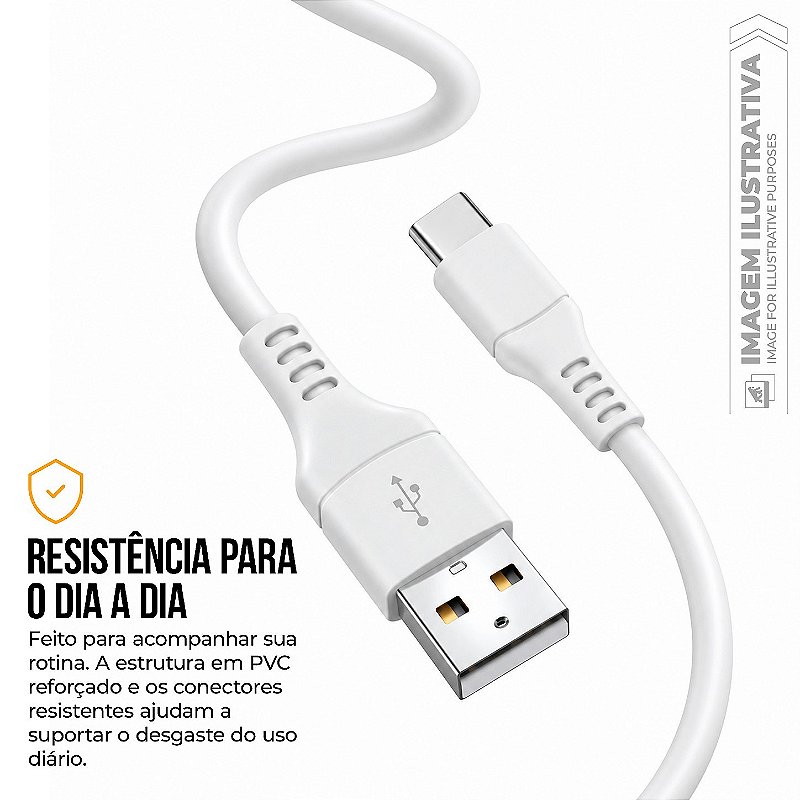 Cabo Easy USB-A / Tipo-C 1 Metro, PVC Reforçado, Carregamento Rápido 18W 3A e Transferência de Dados 480 Mbps, Branco – Gshield - foto 4