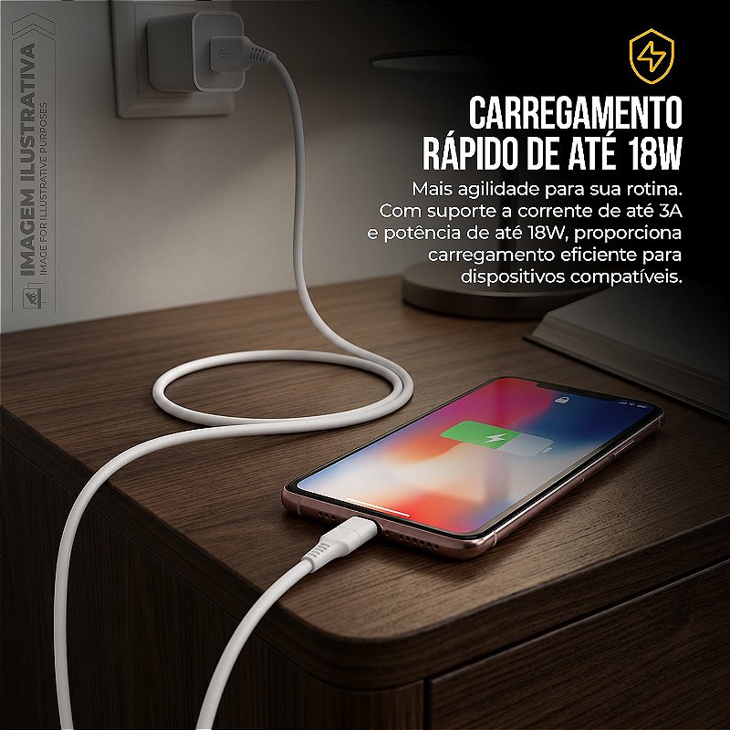 Cabo Easy USB-A / Tipo-C 1 Metro, PVC Reforçado, Carregamento Rápido 18W 3A e Transferência de Dados 480 Mbps, Branco – Gshield - foto 3