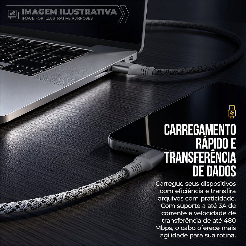 Cabo Lightning / USB-A 1M Nylon Trançado, Carregamento Rápido 3A e Transferência de Dados 480Mbps - Branco - Fish Kevlar - foto 4