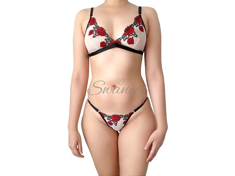 Conjunto Lingerie em Tule Bordado Flora