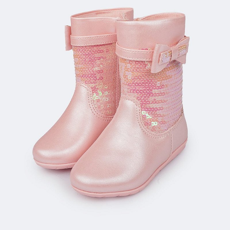 Bota Infantil Pampili Jujuba Paetê Laço Rosa Glacê Perollas Kids