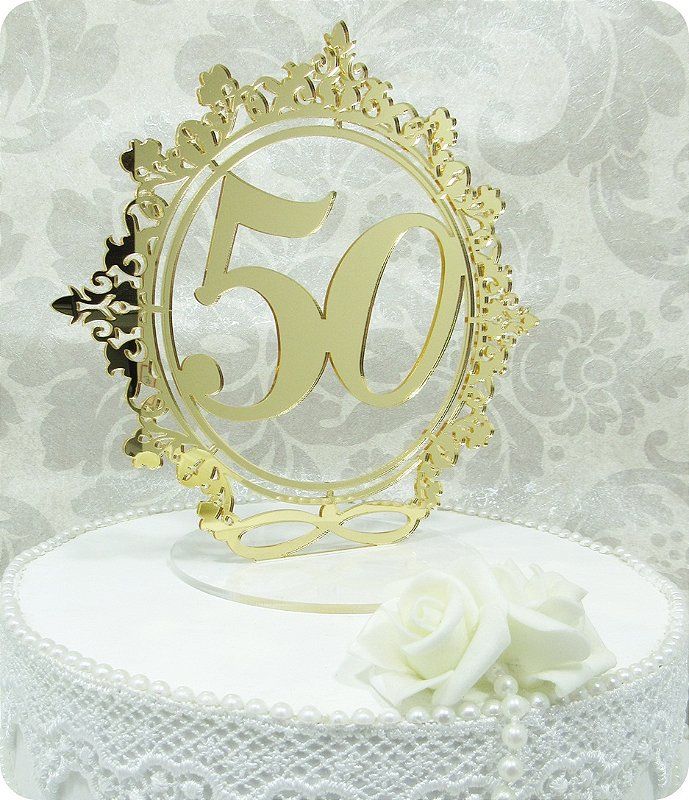 Topo De Bolo Topper Acrílico Ouro Feliz Aniversário 50 Anos