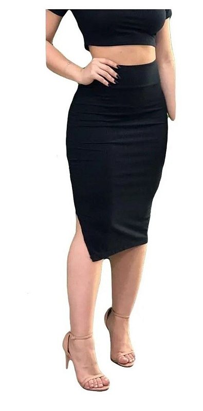 saia midi preta canelada