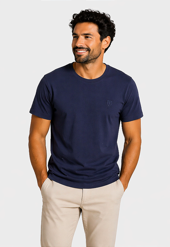 Camiseta Lisa de Algodão com Gola Careca Azul Marinho - Tony Menswear!