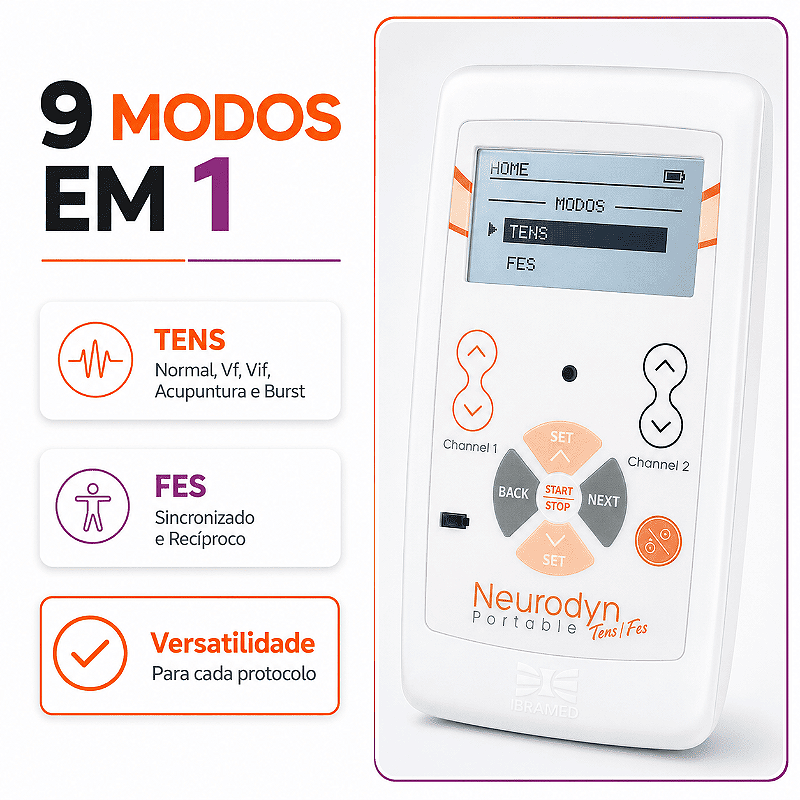Kit Neurodyn Portátil TENS FES + 4 Eletrodos e 2 Cintas Elásticas - Ibramed