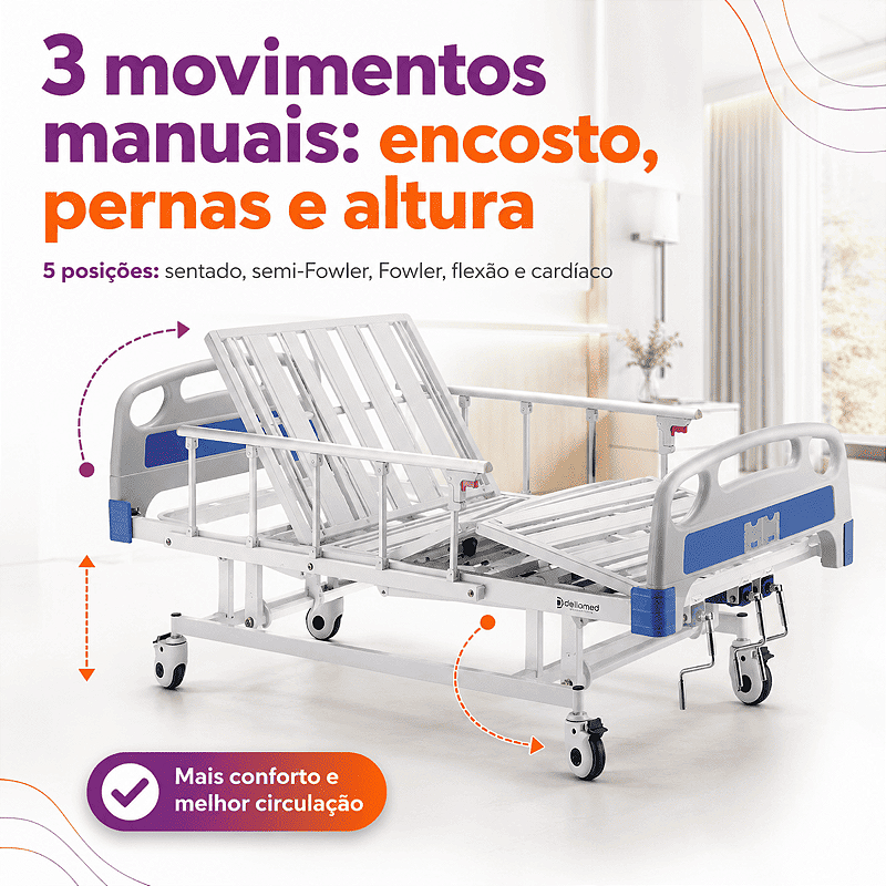 Cama Hospitalar Manual 3 Movimentos DX3 Dellamed 200 kg