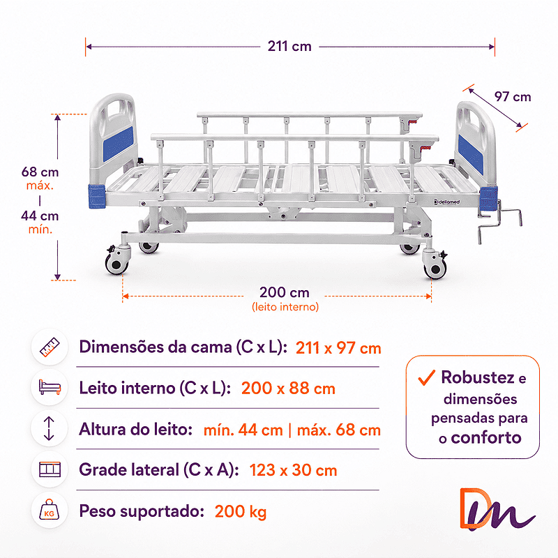 Cama Hospitalar Manual 3 Movimentos DX3 Dellamed 200 kg
