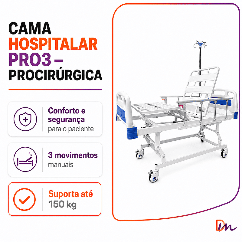 Cama Hospitalar Fowler Pro 3 com Suporte de Soro Health Clean