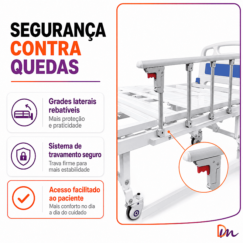 Cama Hospitalar Fowler Pro 3 com Suporte de Soro Health Clean