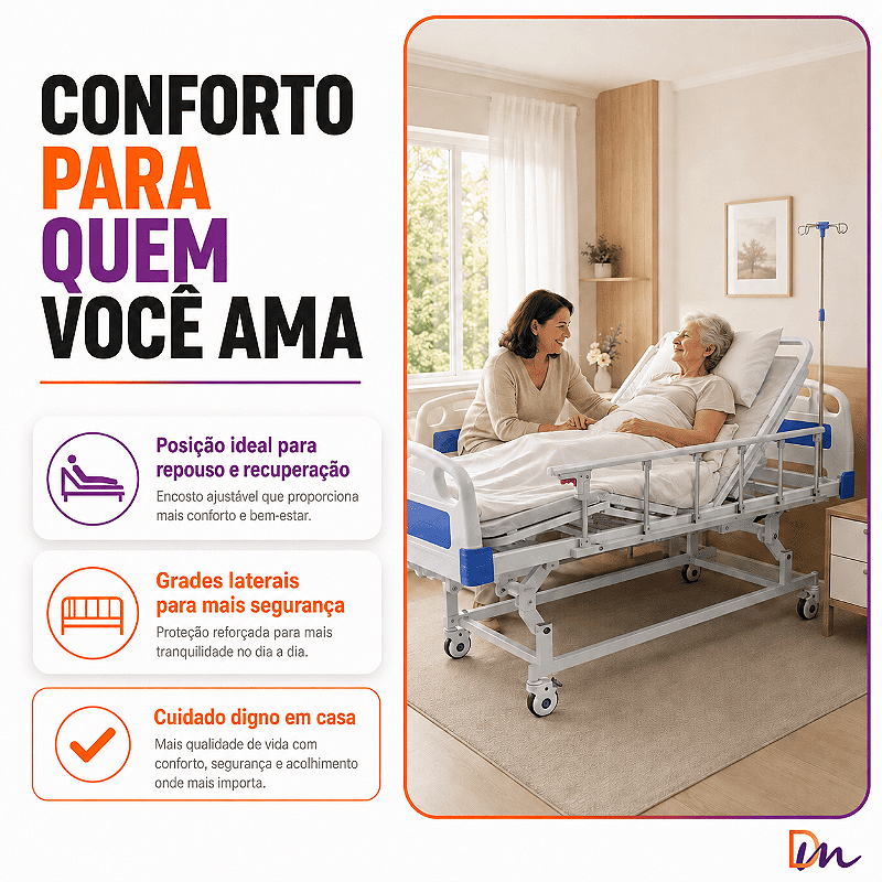 Cama Hospitalar Fowler Pro 3 com Suporte de Soro Health Clean