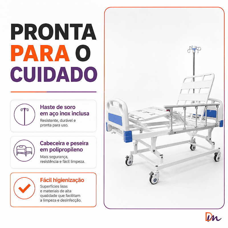 Cama Hospitalar Fowler Pro 3 com Suporte de Soro Health Clean