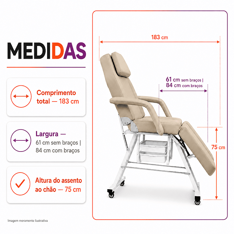 Maca Poltrona Fixa Estética Reclinável Soft Bege base Branco Com 2 Bandejas - Akmed