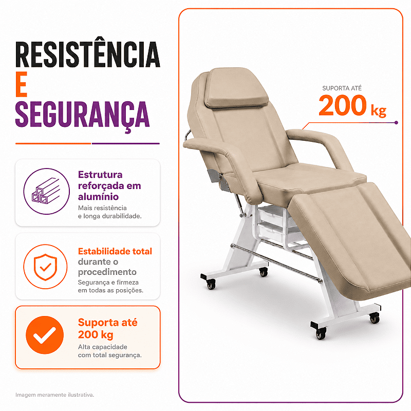 Maca Poltrona Fixa Estética Reclinável Soft Bege base Branco Com 2 Bandejas - Akmed