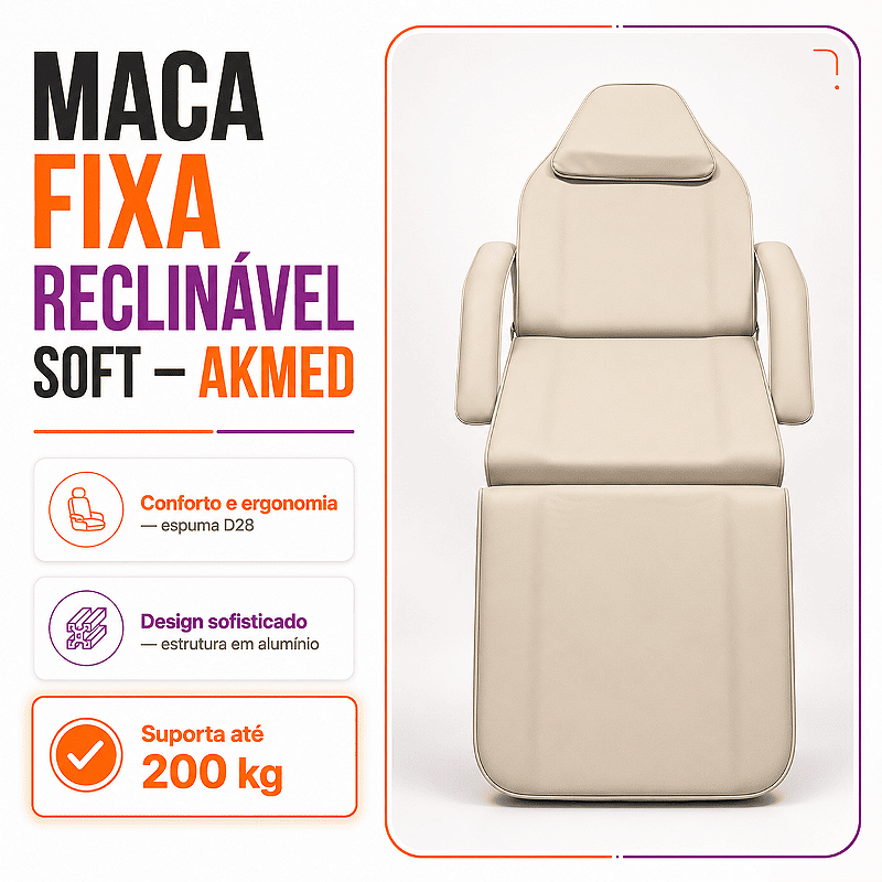 Maca Poltrona Fixa Estética Reclinável Soft Bege base Branco Com 2 Bandejas - Akmed